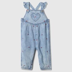 Baby GAP Light Blue Denim Jean Heart Print Pocket Overalls Flutter Straps 6-12 M